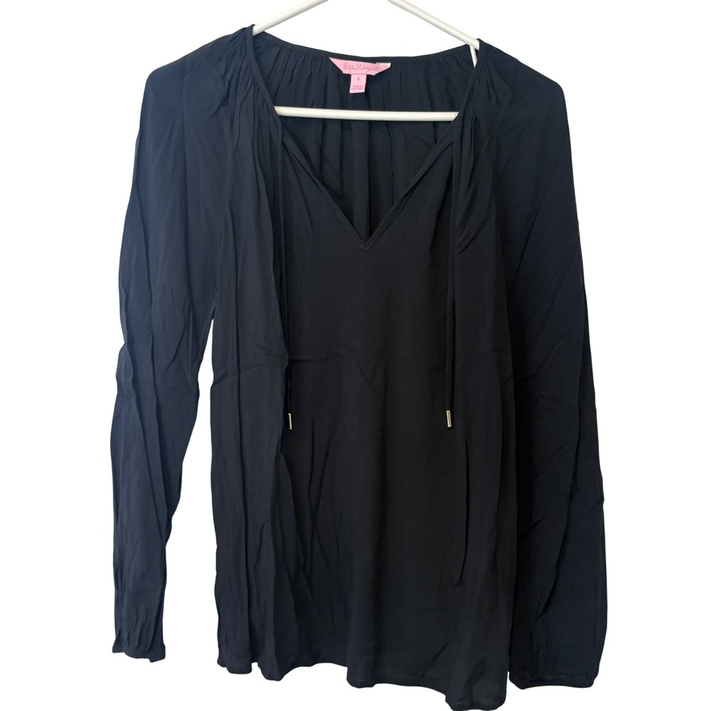 Lilly Pulitzer Black Rayon V-Neck Peasant Blouse Long‎ Sleeve Gold Aglets Small